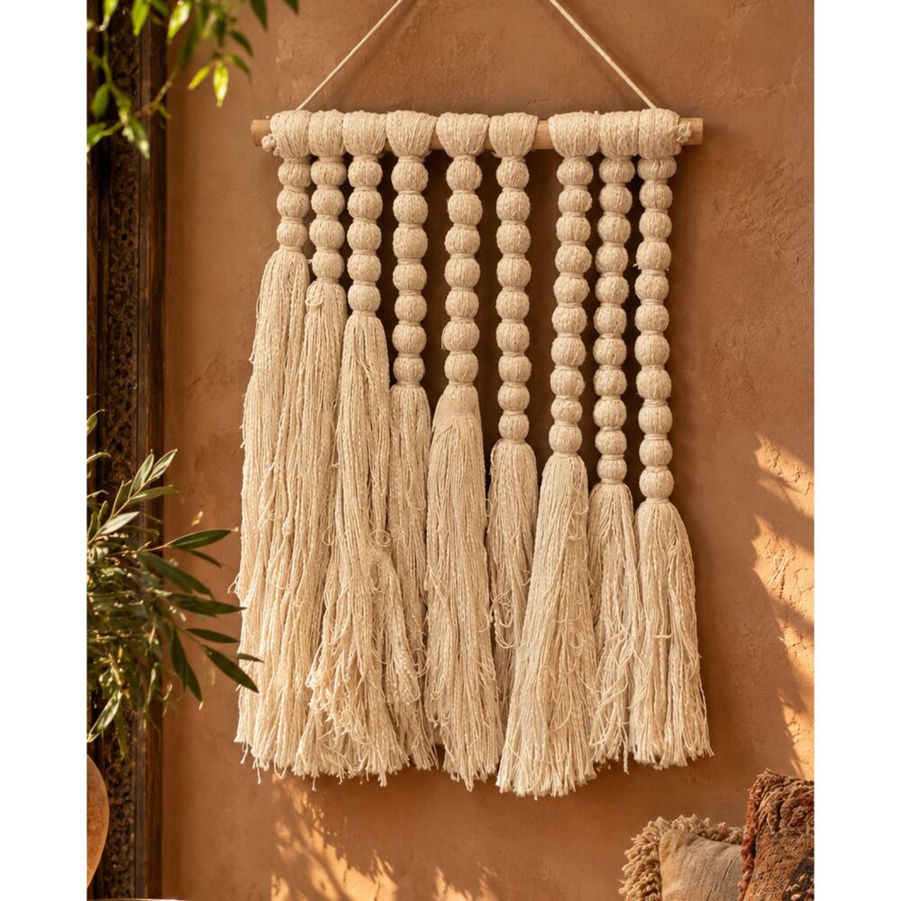 Boho Cream Tassel Wall Hanging 23x16 Neutral Fiber Art Wood Dowel Decor